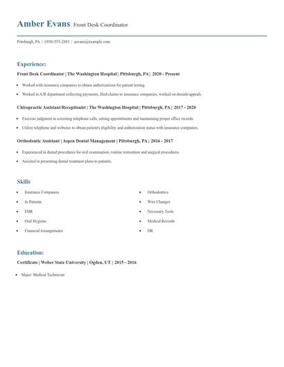 Front Desk Coordinator Resume
