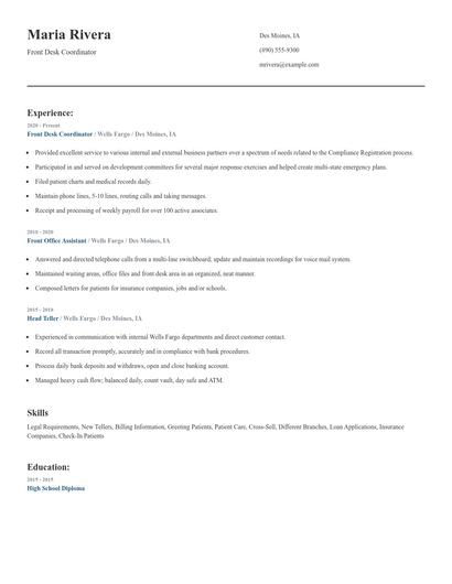 Front Desk Coordinator Resume