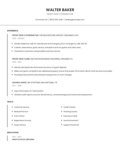Front Desk Coordinator Resume