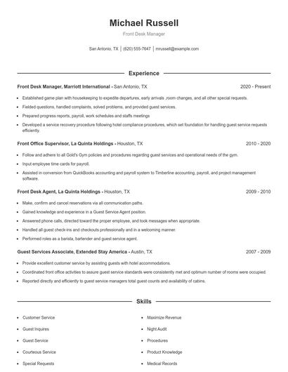 Front Desk Manager Resume