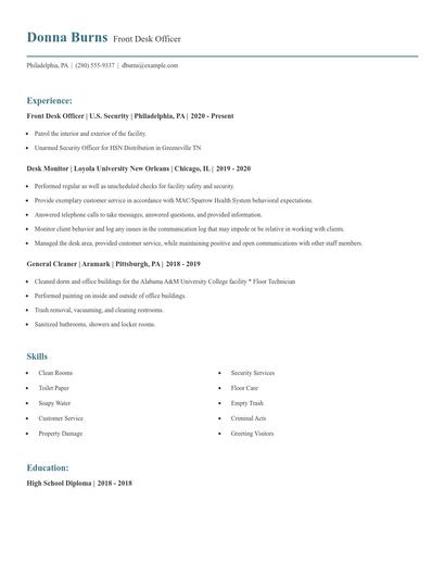 Front Desk Officer Resume