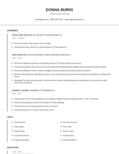 Front Desk Officer Resume