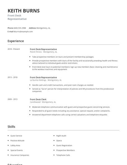 Front Desk Representative Resume