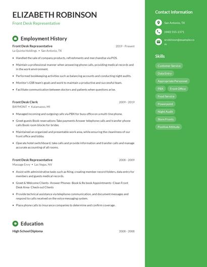 Front Desk Representative Resume