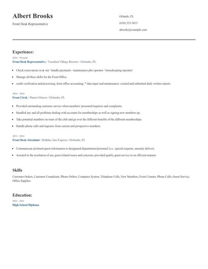 Front Desk Representative Resume