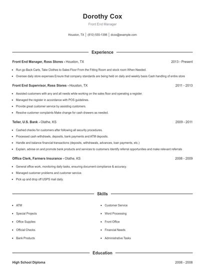 Front End Manager Resume
