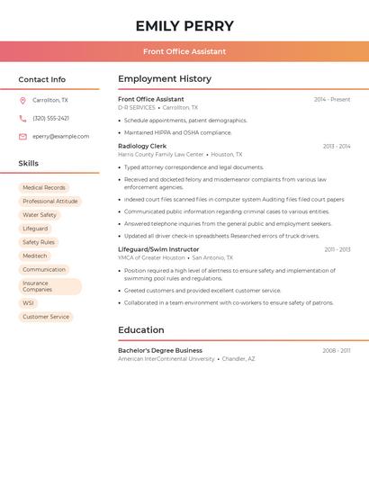Front Office Assistant Resume