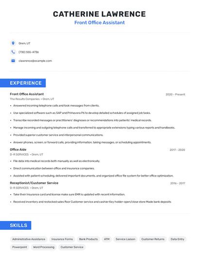 Front Office Assistant Resume