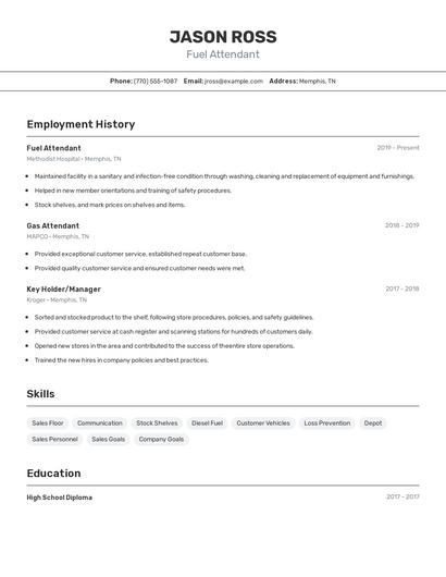 Fuel Attendant Resume