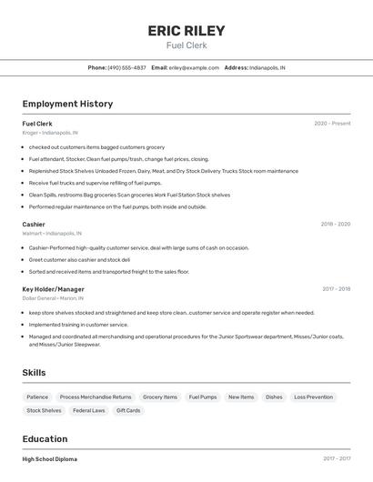 Fuel Clerk Resume