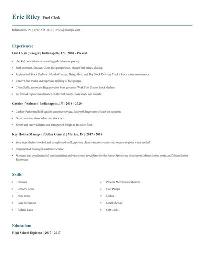 Fuel Clerk Resume