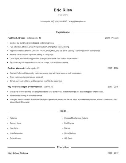 Fuel Clerk Resume