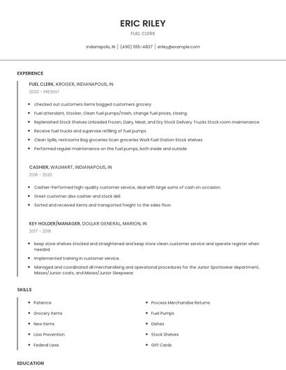 Fuel Clerk Resume