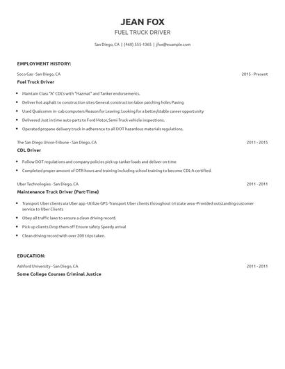 Fuel Truck Driver Resume