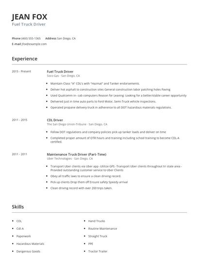 Fuel Truck Driver Resume