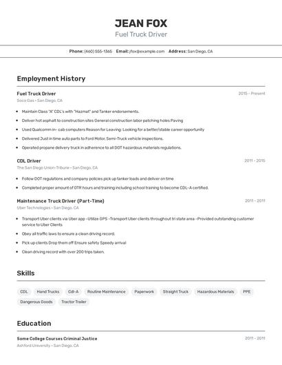 Fuel Truck Driver Resume