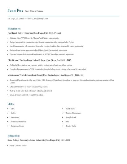 Fuel Truck Driver Resume