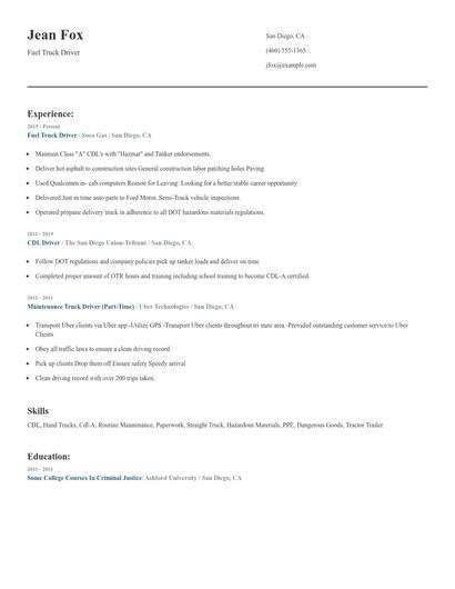 Fuel Truck Driver Resume