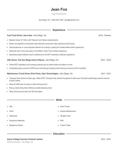 Fuel Truck Driver Resume