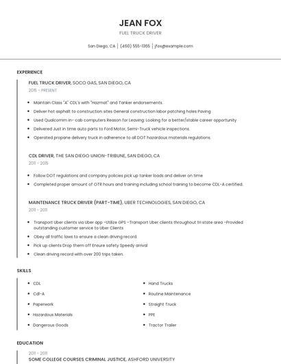 Fuel Truck Driver Resume
