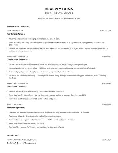 Fulfillment Manager Resume