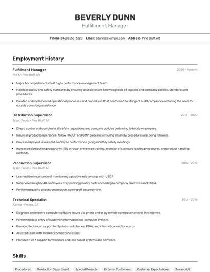 Fulfillment Manager Resume