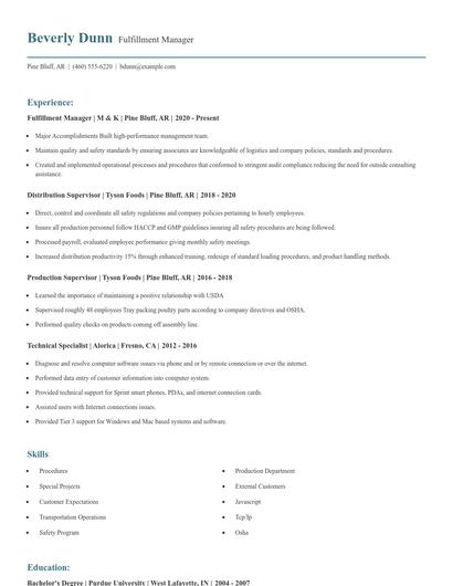 Fulfillment Manager Resume