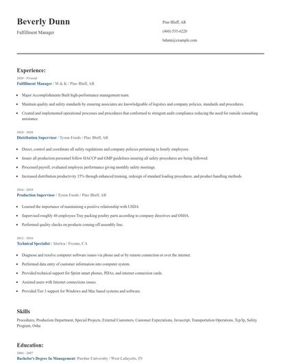 Fulfillment Manager Resume
