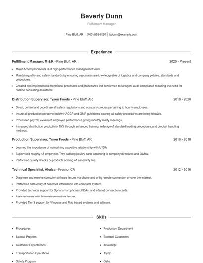 Fulfillment Manager Resume