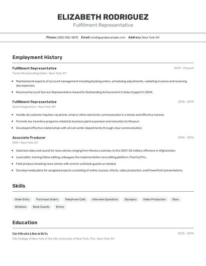 Fulfillment Representative Resume