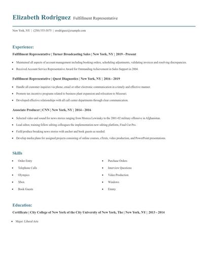 Fulfillment Representative Resume
