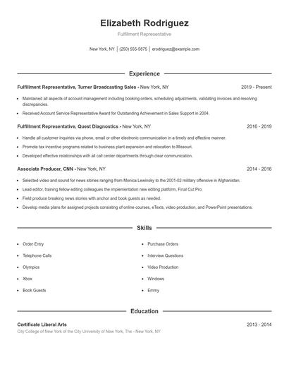 Fulfillment Representative Resume