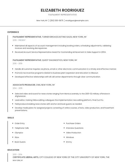 Fulfillment Representative Resume