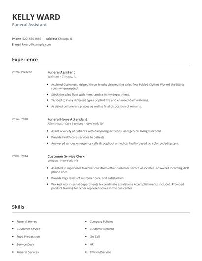 Funeral Assistant Resume
