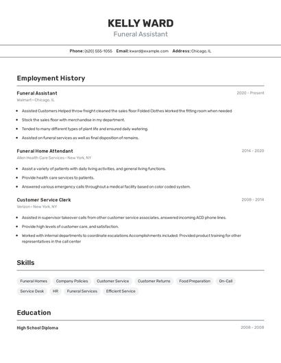 Funeral Assistant Resume