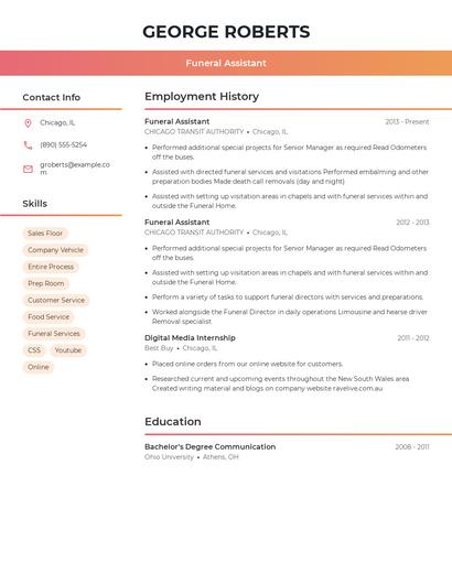Funeral Assistant Resume