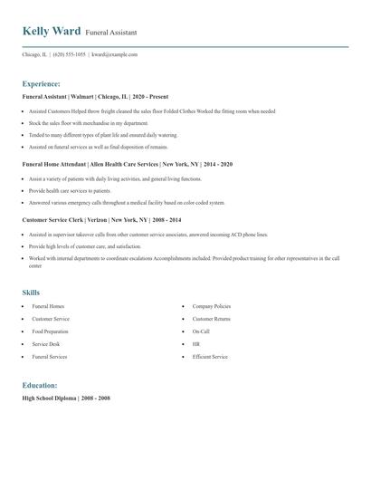 Funeral Assistant Resume