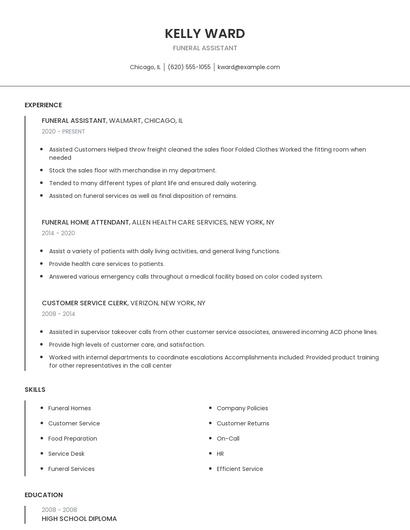 Funeral Assistant Resume