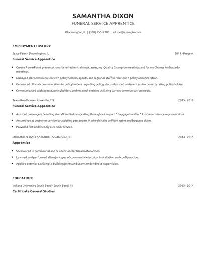 Funeral Service Apprentice Resume