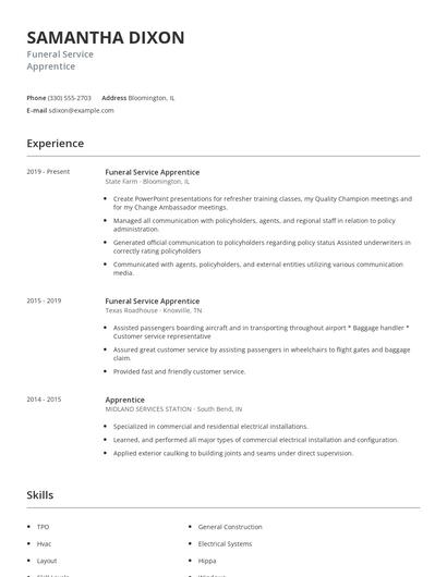 Funeral Service Apprentice Resume