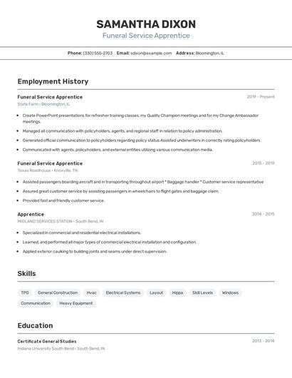 Funeral Service Apprentice Resume