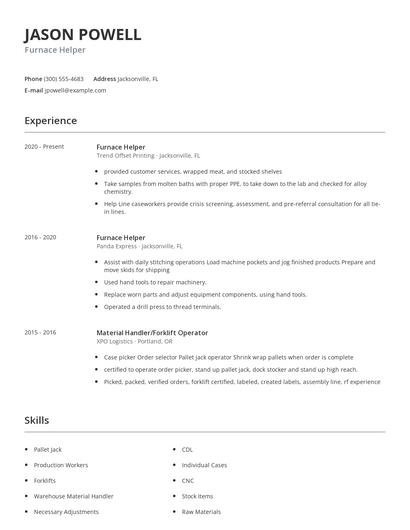 Furnace Helper Resume