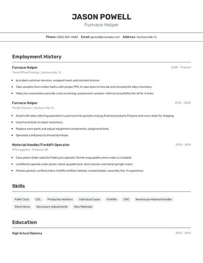 Furnace Helper Resume