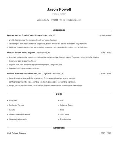Furnace Helper Resume