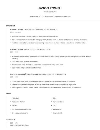 Furnace Helper Resume