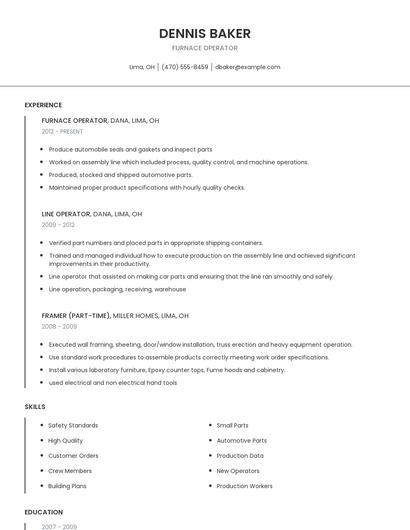Furnace Operator Resume
