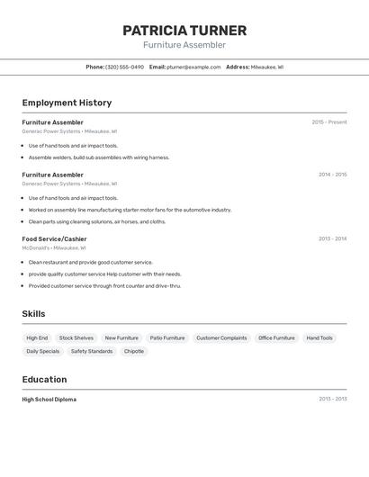 Furniture Assembler Resume