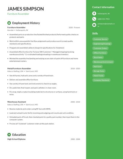 Furniture Assembler Resume