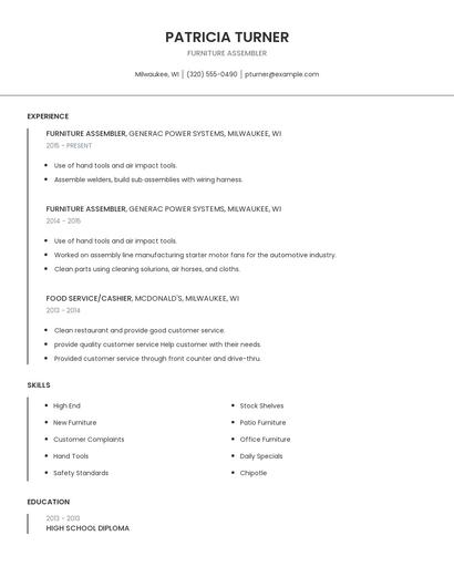 Furniture Assembler Resume
