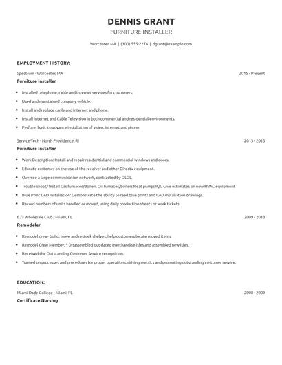 Furniture Installer Resume